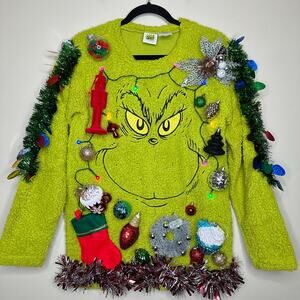 Ugly Christmas Sweater Grinch LIGHTS UP Tinsel Xmas Party Winner Size Small